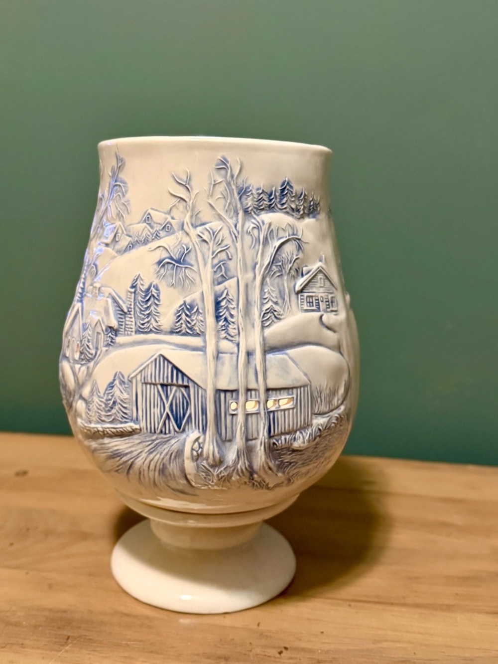 Vintage Ceramic Winter Village Luminary Candle Holder 10” Pedestal - Picture 2 of 12